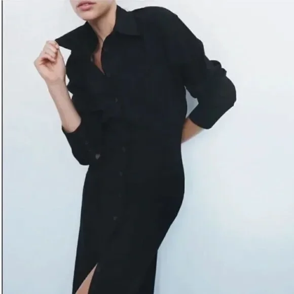 zara black front button up trafaluc dress long sleeves - Picture 2 of 10